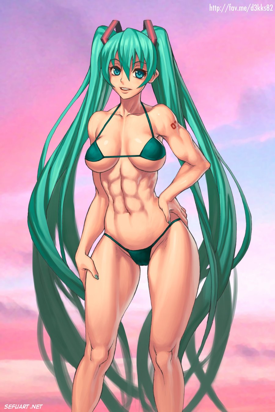 abs bikini breasts hand_on_hip hatsune_miku long_hair miku_hatsune muscle muscular_female nail_polish naughty_face navel sefuart smile tattoo turquoise_eyes turquoise_hair twintails vocaloid