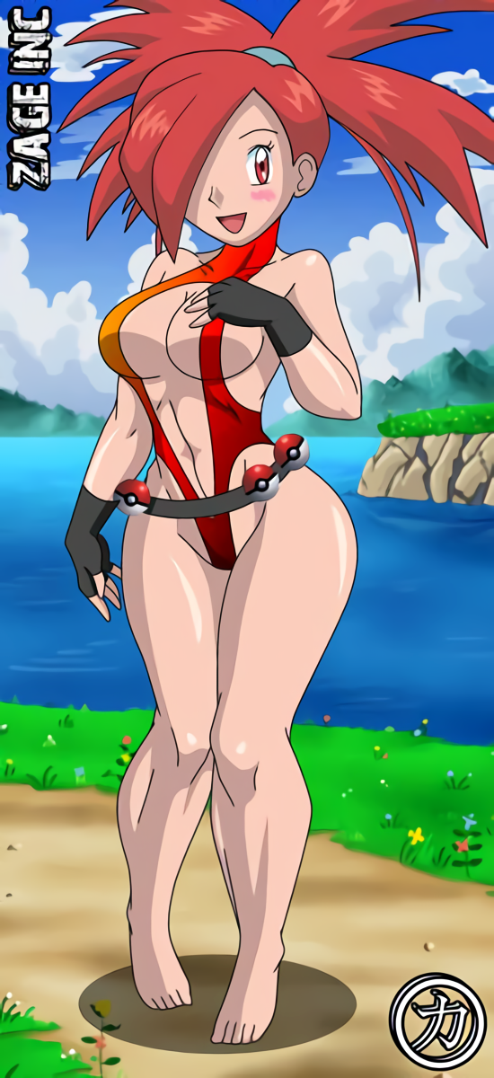 1_girl 1girl alluring barefoot bikini female female_abs female_human female_only flannery flannery_(pokemon) hair_over_one_eye hot human kageta mostly_nude outdoor outside pokeballs pokemon red_eyes red_hair sexy solo swimsuit