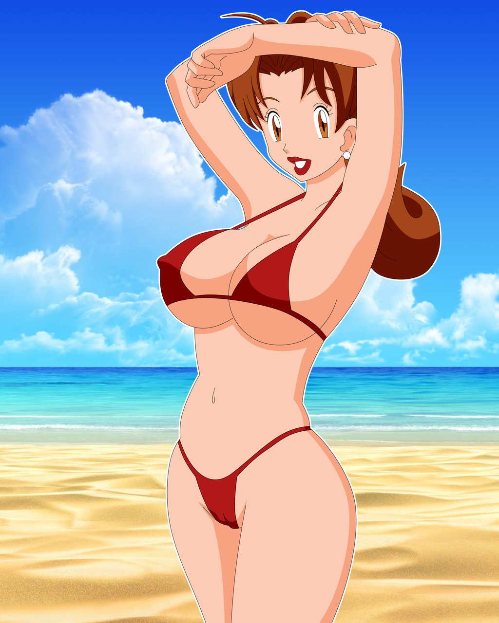 1_girl 1girl alluring beach bikini breasts delia_ketchum female female_human hanako_(pokemon) human looking_at_viewer milf mostly_nude outdoor outside pervyangel pokemon red_bikini standing swimsuit