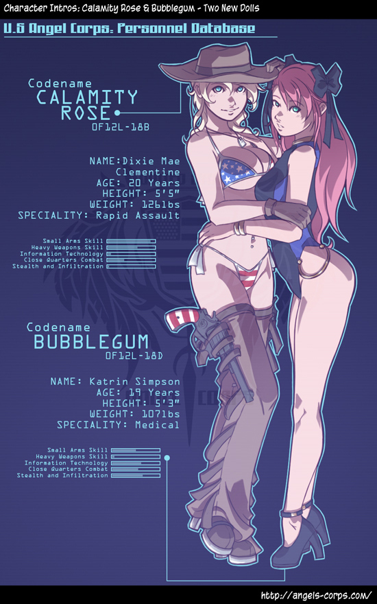 angels-corps anklet ass big_breasts bikini blonde_hair blue_eyes bow breasts bubblegum_(angels-corps) calamity_rose_&amp;_bubblegum_-_two_new_dolls calamity_rose_(angels-corps) character_profile dave_cheung_(artist) green_eyes gun hat hug jewelry navel pink_hair revolver ribbon scribble_kid swimsuit thigh_high_boots thighs united_states_angels_corps weapon