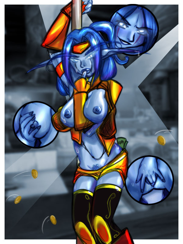 blue_skin breasts money pointy_ears shia_(artist) stripper_pole world_of_warcraft
