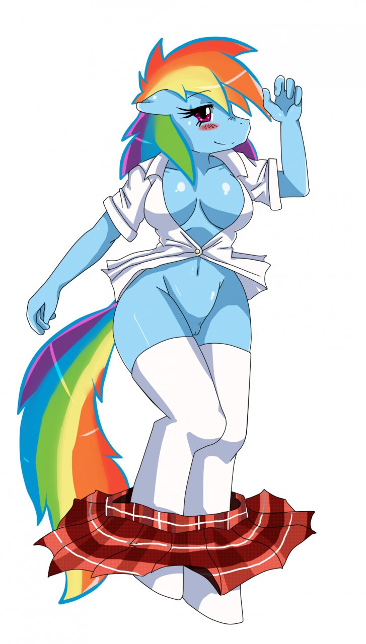 2011 blue_body blue_fur blush breasts cleavage cutie_mark equid equine female friendship_is_magic hair hasbro hooves horse looking_at_viewer my_little_pony pegasus pink_eyes pony pussy rainbow_dash rainbow_dash_(mlp) rainbow_hair rainbow_mane rainbow_tail red_eyes rule_34 shirt skirt sssonic2 standing stockings unbuttoned_shirt white_background wings
