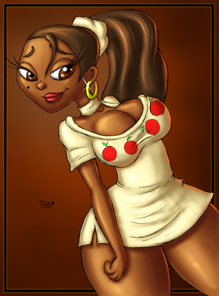 breasts brown_eyes brown_hair cleavage dark_skin dressed earring innocenttazlet leshawna lipstick mole ponytail red_lipstick shiny solo total_drama_island