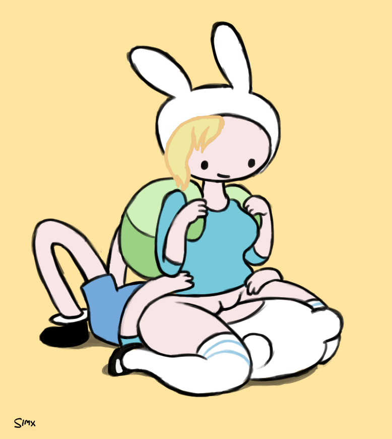 adventure_time animal_hat blonde_hair bottomless facesitting finn_the_human fionna_the_human_girl hairless_pussy incest looking_down male/female pussy pussylicking simx spread_legs stockings white_legwear