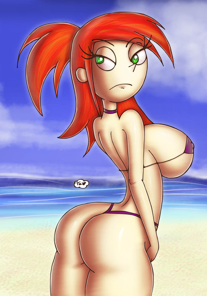 ass beach big_breasts bikini breasts foster's_home_for_imaginary_friends frankie_foster green_eyes innocenttazlet long_hair looking_back ocean ponytail red_hair solo string_bikini thong wide_hips