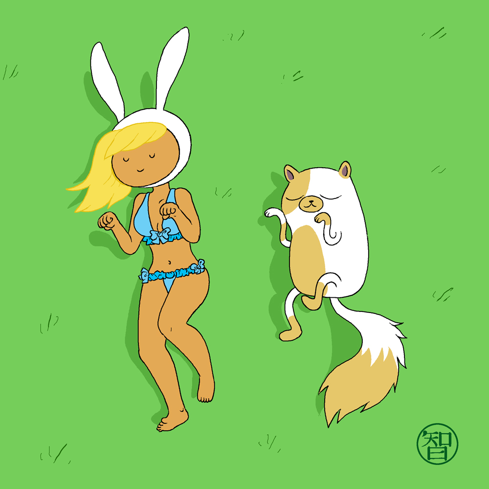 adventure_time animal_ears bikini blonde_hair breasts cake_the_cat cat cleavage closed_eyes fionna_the_human furry long_hair smile tan