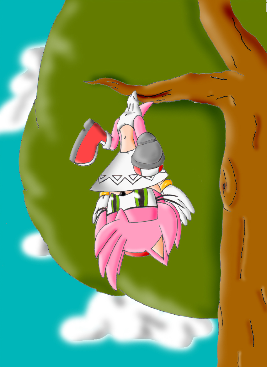 amy_rose ass boots bracelet embarrassing funny furry gloves green_eyes hairband hanging_wedgie hedgehog pink_hair sega short_hair solo sonic_(series) tree upside_down wedgie