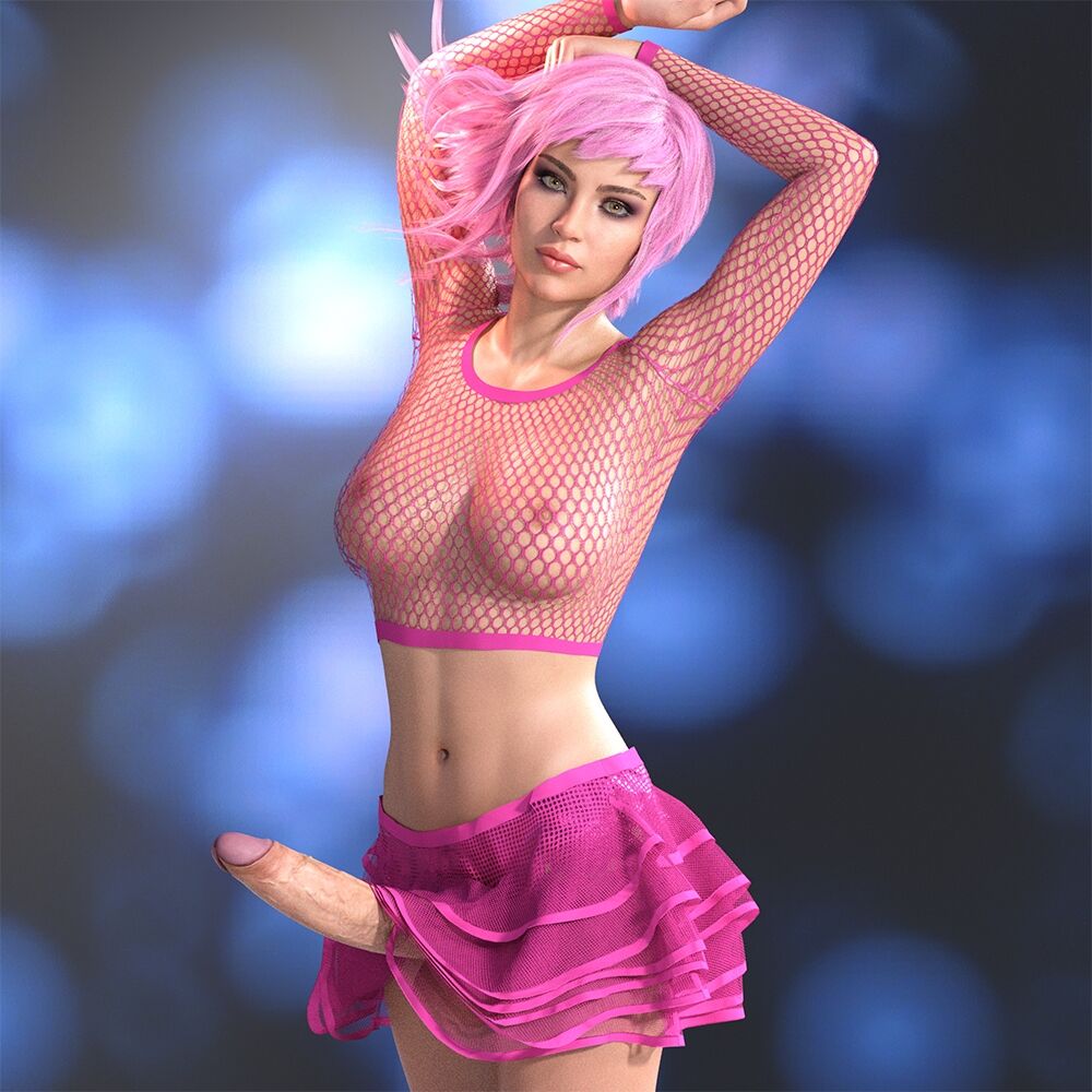3d arms_up erection futanari mesh_top miniskirt pink_hair