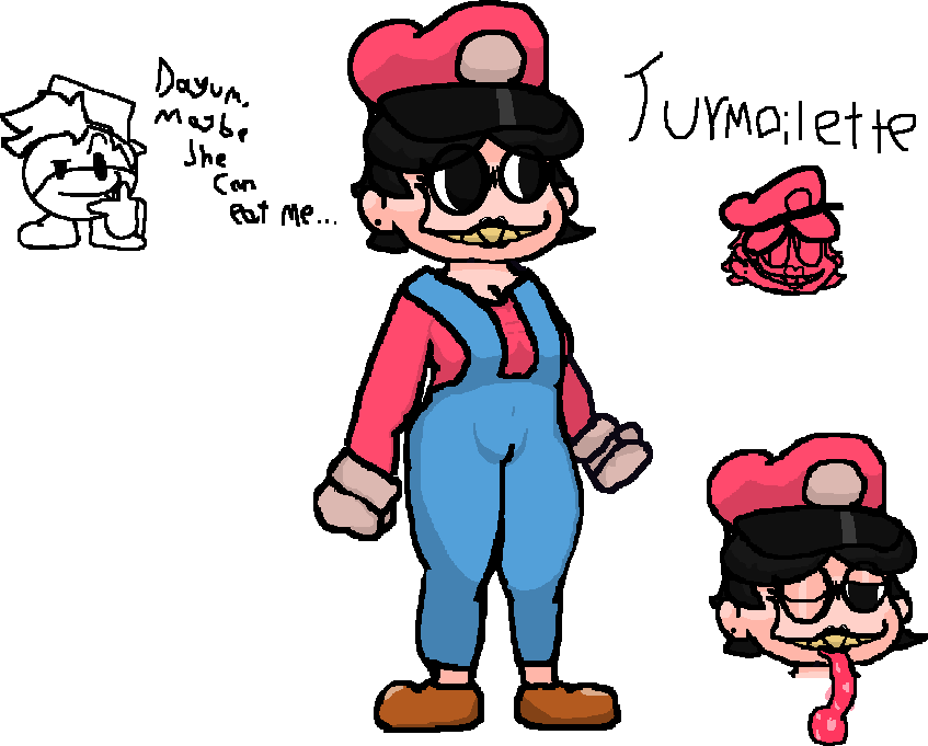 1boy 1girl black_hair boyfriend_(friday_night_funkin) brown_shoes clothed friday_night_funkin_mod gloves goomba goomba_boyfriend hat lipstick mario mario_madness marios_madness overalls red_shirt saliva_on_tongue thick_thighs thighs tongue_out turmoilette_(pixel34guy) wink