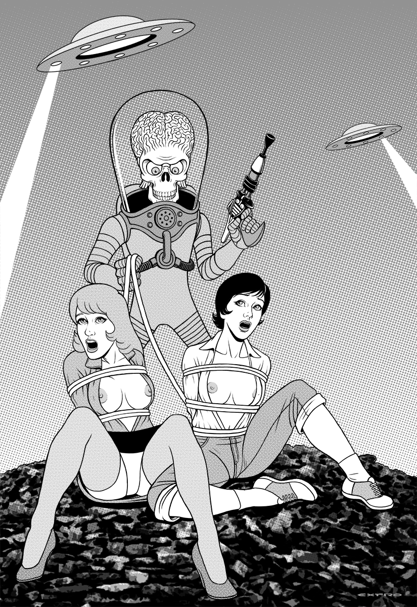 2_girls 2girls alien breasts exposed_breasts extro female_human mars_attacks martian monochrome no_bra panties partially_clothed skirt spread_legs tied ufo upskirt