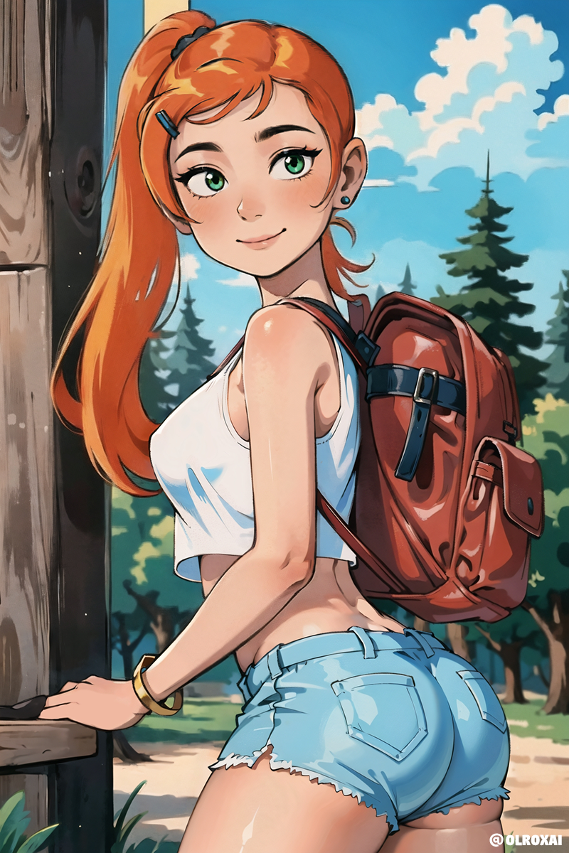 1girl 1girl 1girl aged_up ai_generated alternate_hairstyle backpack bare_arms bare_shoulders ben_10 bracelet cartoon_network clothing cloud cowboy_shot crop_top cutoff_shorts cutoffs dat_ass earrings female_focus female_only forest from_behind green_eyes gwen_tennyson hairclip human light_smile long_hair midriff nai_diffusion olroxai orange_hair outside pinup side_ponytail sky small_breasts solo_female stable_diffusion tagme tank_top