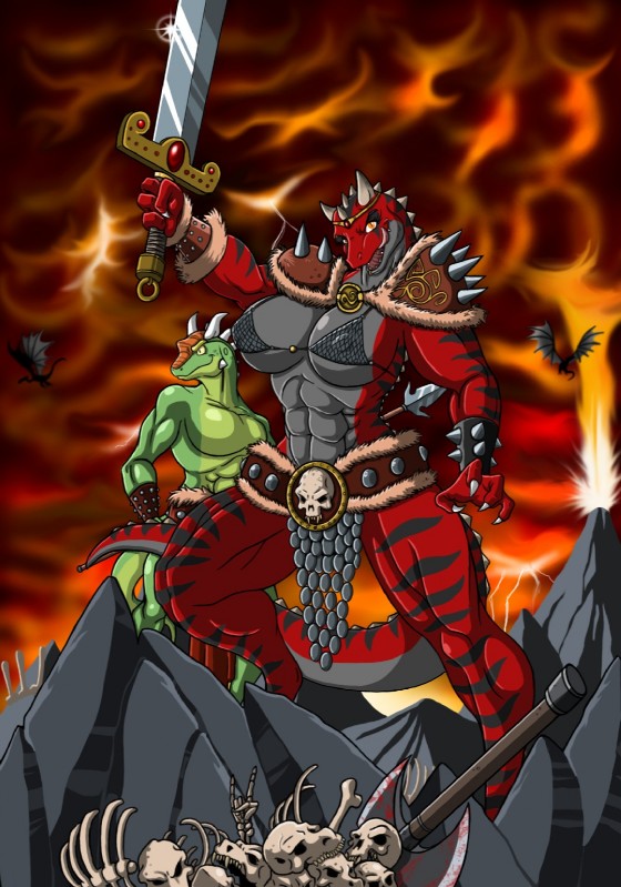 2011 abs armor axe big_breasts blood bone breasts carnotaurus chainmail claws clothing dinosaur fang_matos female horn lizard looking_at_viewer lordstevie lordstevie_(artist) male muscle original piercing pose reptile scalie skull standing sword tail thick_thighs thighs unconvincing_armor vambraces weapon wide_hips