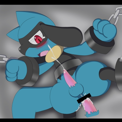 anal bondage chains cum cum_while_penetrated ejaculation male male_only pokemon riolu shackles yaoi young younger_male