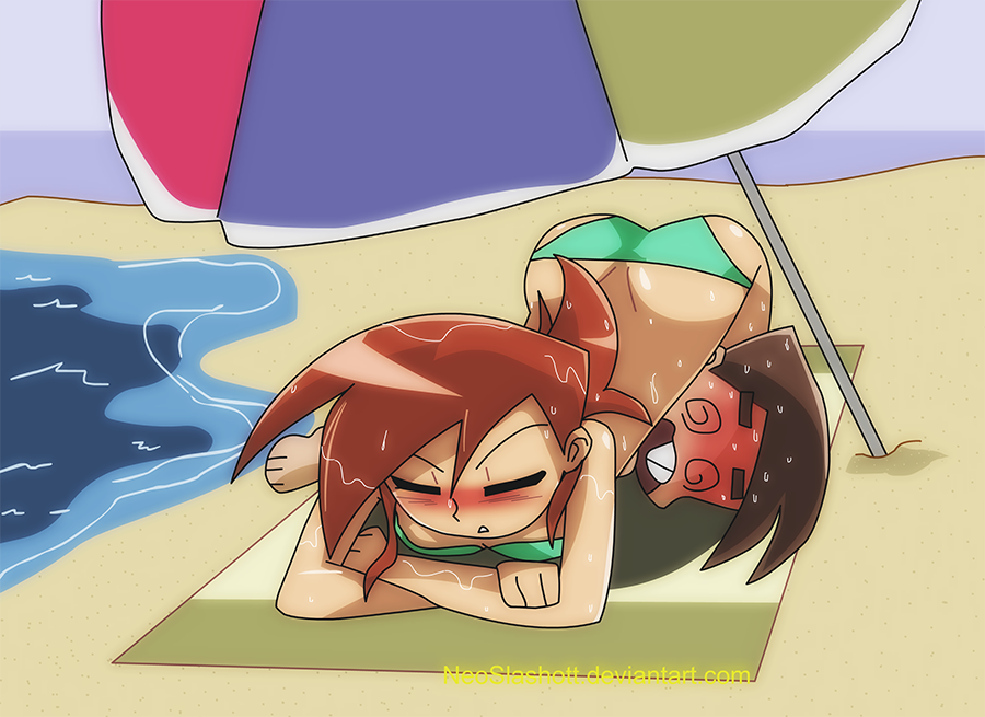 ass beach bent_over bikini blush breasts brown_hair bubble_butt cleavage closed_eyes hat long_hair ocean orange_hair shiny shiny_skin short_hair swimsuit the_fairly_oddparents timmy_turner vicky