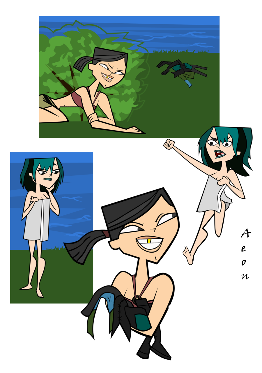 aeon708 angry asian asian_female black_eyes black_hair breasts cartoon_network cfnf cleavage comic dyed_hair embarrassing funny goth green_hair green_lipstick gwen_(tdi) heather_(tdi) hourglass_figure lipstick navel nude pale-skinned_female ponytail prank short_hair skinny_dipping smile thick_ass thick_legs thick_thighs total_drama_island towel two_tone_hair water