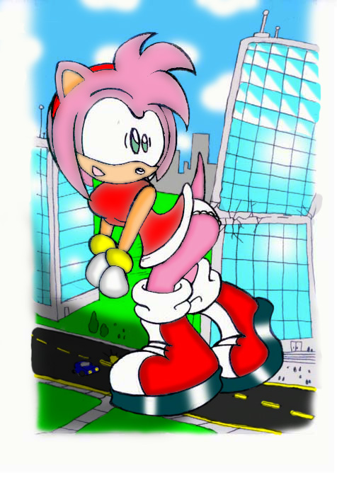 amy_rose anthro ass boots bracelet car city destruction frilly_panties funny furry giant giantess gloves green_eyes hairband hedgehog jewelry looking_back panties pink_hair rodent sega short_hair skirt_lift sonic_(series) surprise white_panties