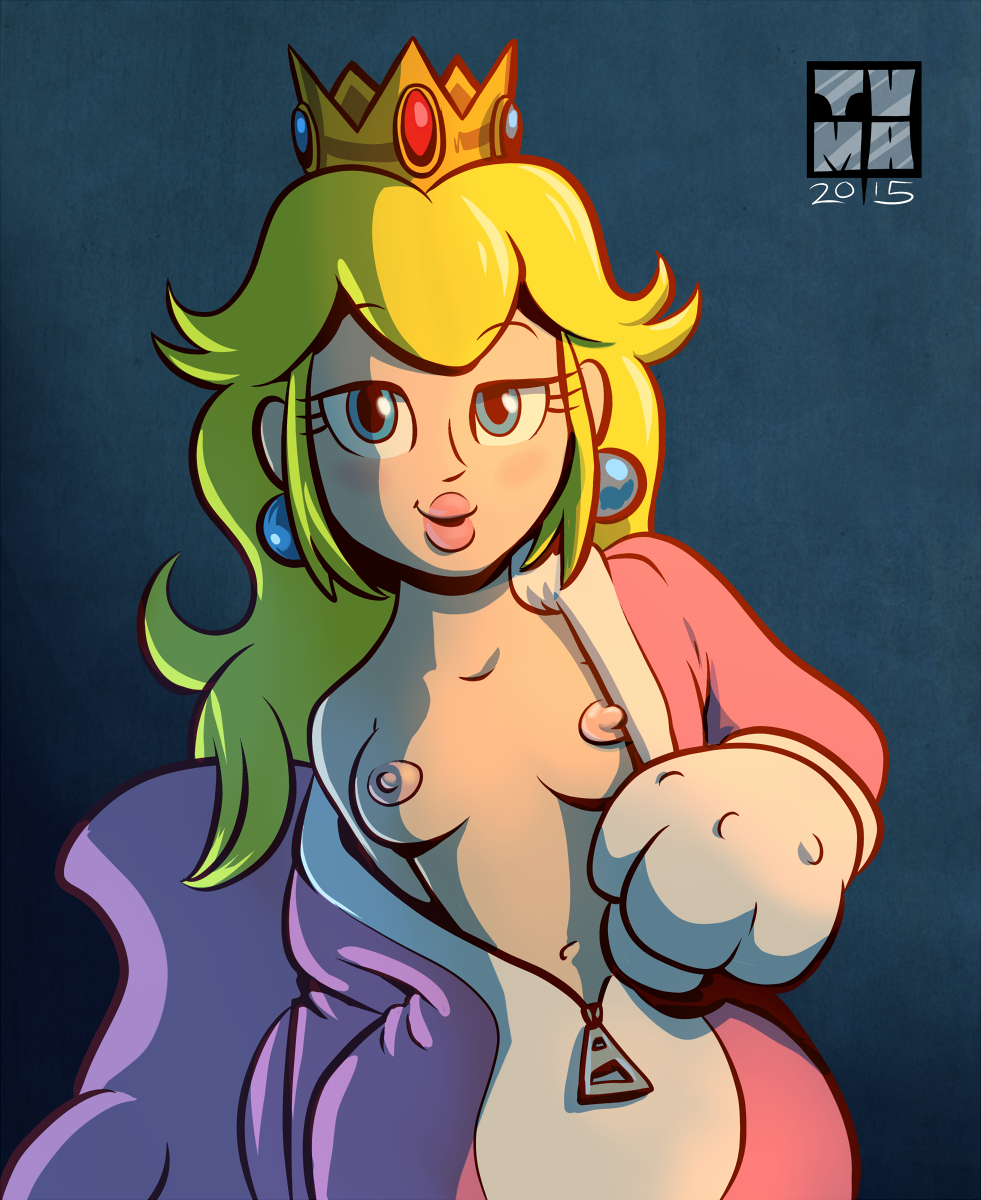 1girl blonde_hair blue_eyes breasts crown earrings female female_only no_bra princess_peach removing_clothes solo standing super_mario_bros. undressing unzipped