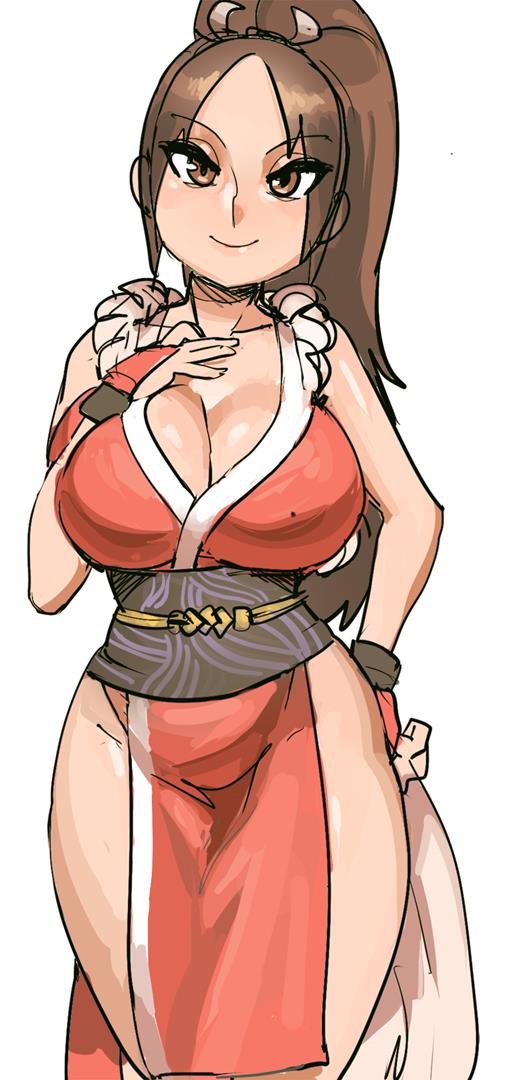 1girl breasts brown_eyes brown_hair cleavage hand_on_hip hand_on_own_chest king_of_fighters large_breasts looking_at_viewer mai_shiranui maniacpaint pelvic_curtain ponytail smile thighs wide_hips