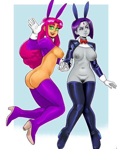2_girls areola ass bow_tie breasts bunny_ears caucasian cleavage dc_comics forehead_jewel gloves green_eyes legs looking_at_viewer nipples open_clothes pink_hair pubic_hair pussy raven_(dc) revealing_clothes sexy slut smile starfire stockings teen_titans thighs tuxedo waving