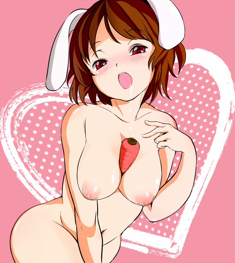 1girl adult animal_ears between_breasts big_breasts blush breasts brown_hair bunny_ears carrot female hanging_breasts inaba_tewi large_breasts md5_mismatch nipples nude older puffy_nipples red_eyes reri saliva solo tewi_inaba touhou