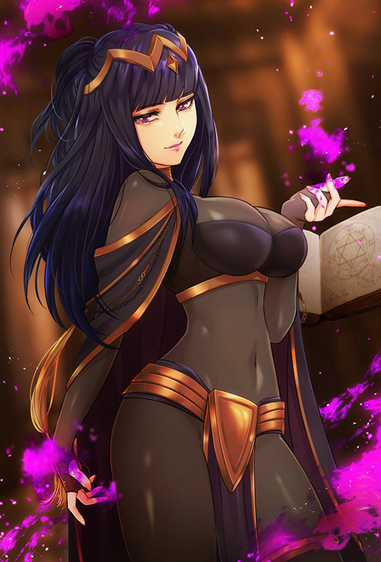 1girl arched_back bangs big_breasts black_hair blunt_bangs bodystocking breasts cape circlet cleavage covered_navel fire_emblem fire_emblem_awakening long_hair looking_at_viewer magic pelvic_curtain purple_eyes sidelocks smile tharja thighs wide_hips