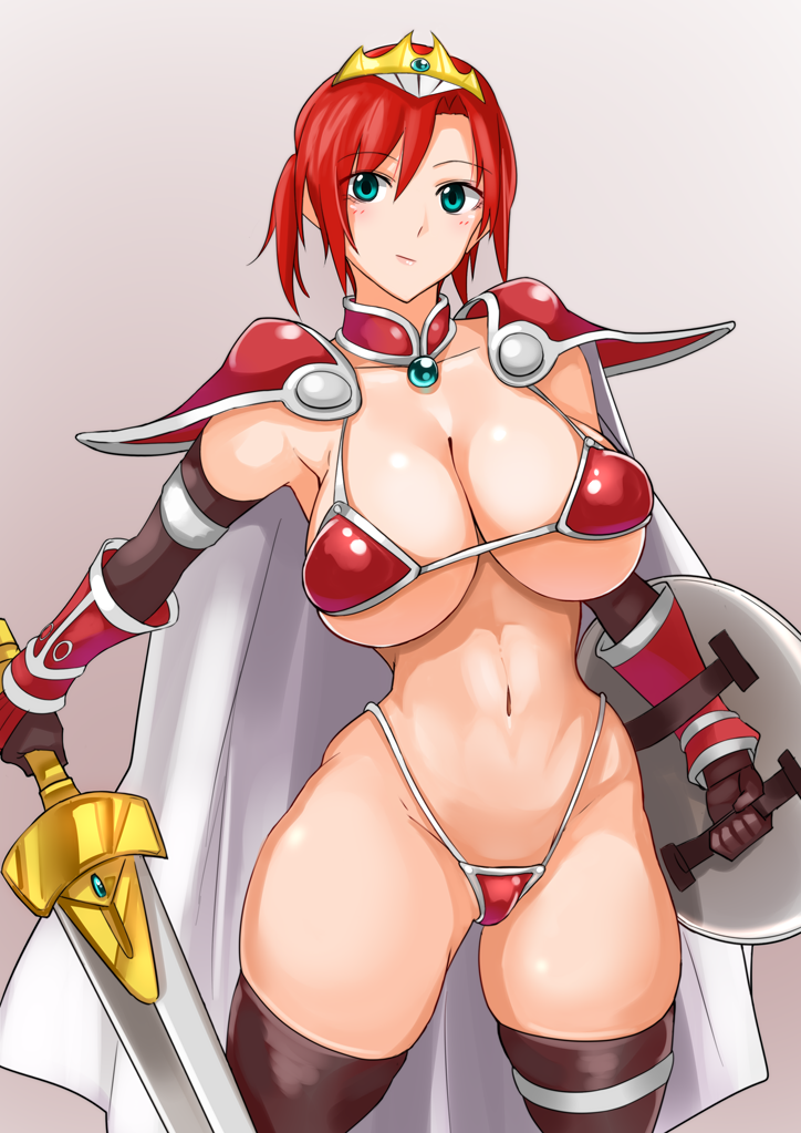 bikini_armor blue_eyes boudica_(fate) fate/grand_order huge_breasts red_hair sword thong