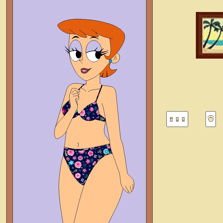 1girl artist_request bra dexter's_laboratory dexter's_mom female female_only indoors milf mostly_nude panties red_hair solo solo_female standing underwear