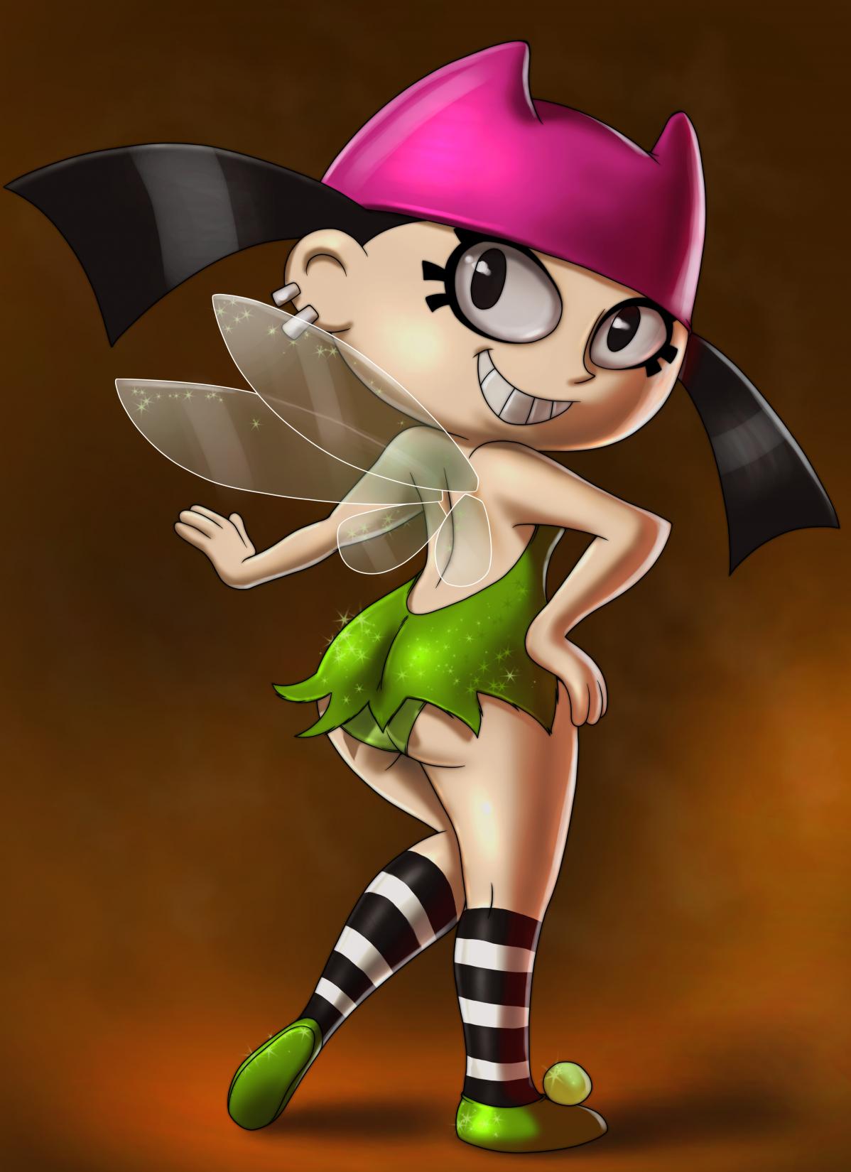 ass black_hair brown_eyes bubble_butt butt cosplay disney earrings fernando_faria_(artist) green_panties halloween hat jewelry looking_back my_life_as_a_teenage_robot panties peter_pan smile solo stockings striped tiff_crust tinker_bell tinker_bell_(cosplay) twin_tails wide_hips wings