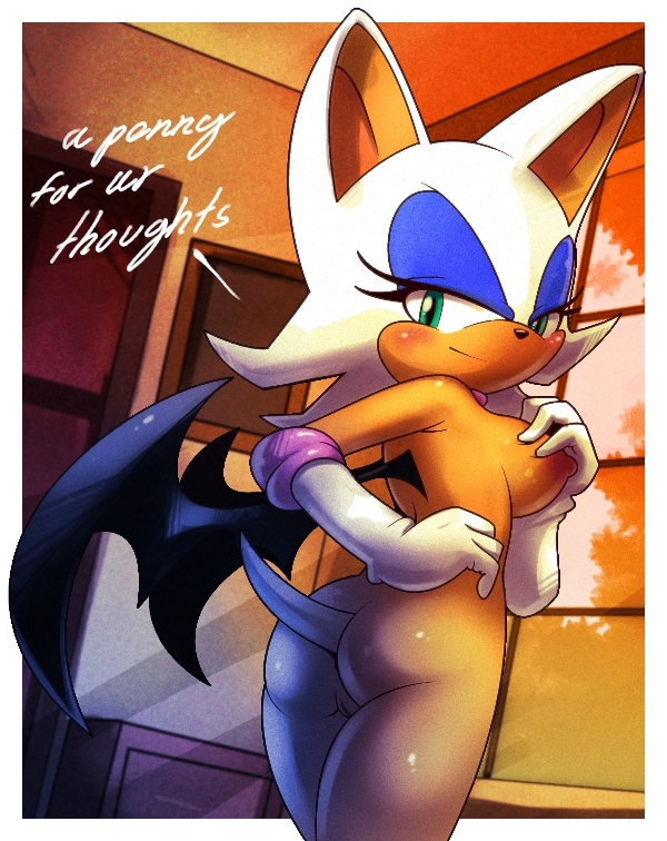 anthro ass bat blush breasts furry gloves green_eyes hairless_pussy looking_back nancher nipples nude pussy rouge_the_bat sega solo sonic sonic_team text white_hair