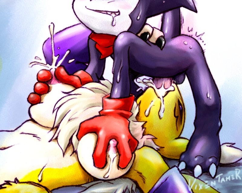 ass big_breasts blush breast_grab breasts claws cum cum_in_mouth deepthroat digimon drooling ejaculation erection fellatio floor fox furry gloves horny imp impmon internal_cumshot lactating looking_up mature oral penis purple_eyes purple_skin renamon scarf spread_legs tail testicle vixen yellow_fur yellow_skin young