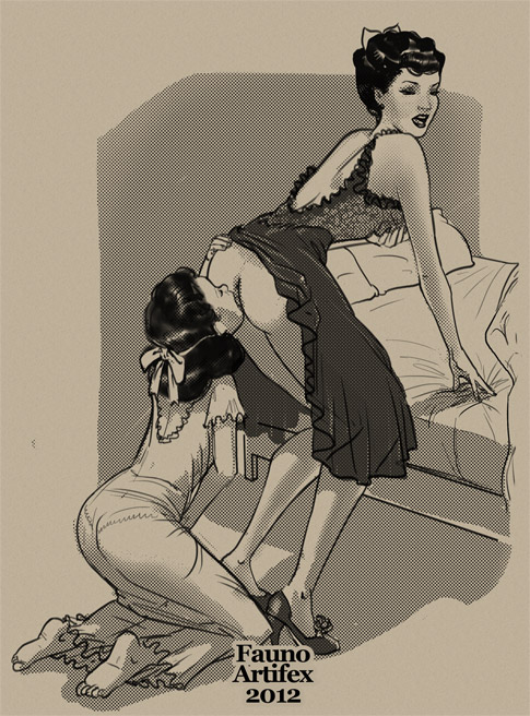 age_difference ass fauno_(artist) fauno_artifex lesbian monochrome mother_and_daughter no_panties pussylicking size_difference yuri