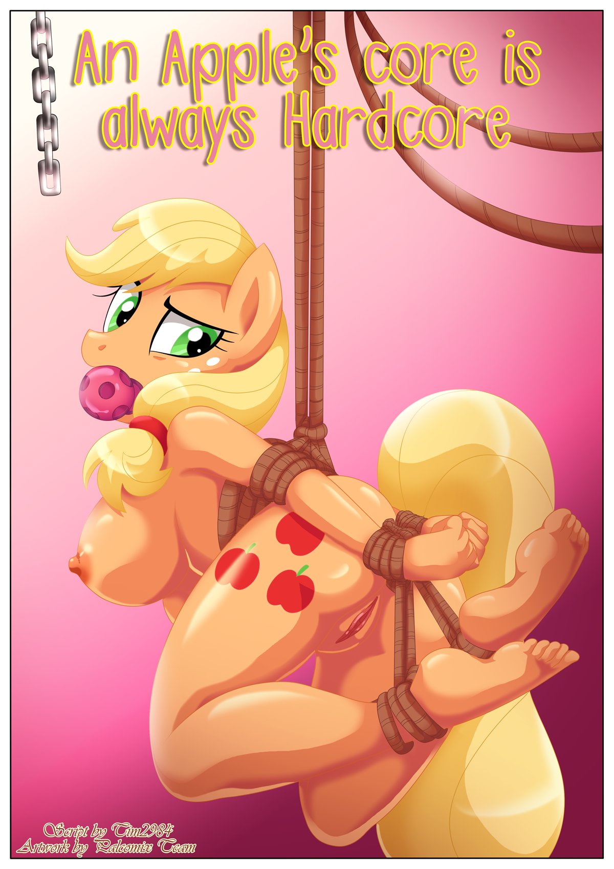 an_apple's_core_is_always_hardcore applejack ball_gag bondage comic cover_page equestria_untamed palcomix rope rope_bondage suspended