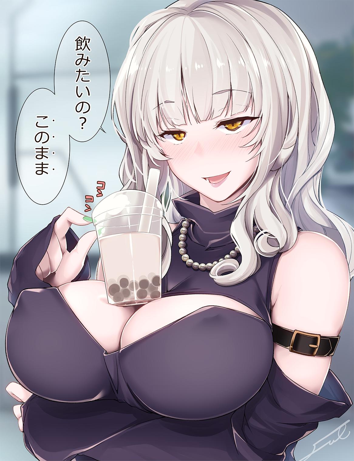 1girl arm_strap arm_under_breasts bare_shoulders blurry blurry_background blush breasts buckle carmilla_(fate) cleavage cleavage_cutout cup detached_sleeves drinking_straw fate/grand_order fate_(series) fue_(rhomphair) green_nails jewelry large_breasts long_hair nail_polish necklace open_mouth pearl_necklace sleeves_past_wrists strapless turtleneck yellow_eyes