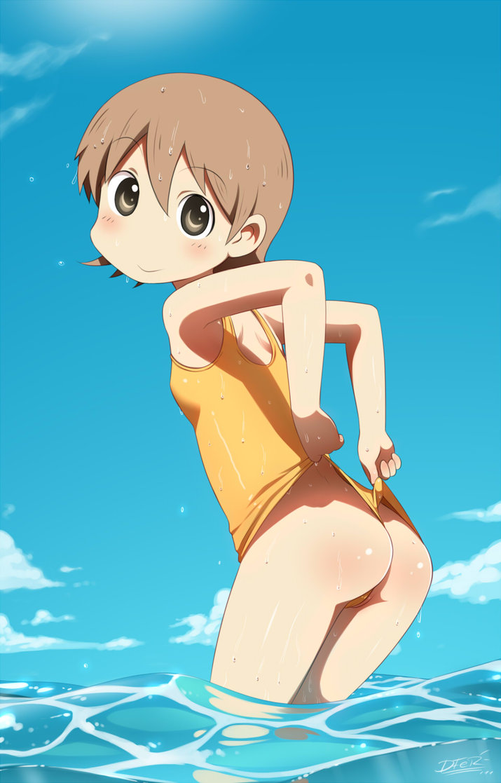 blush brown_eyes brown_hair bubble_butt looking_back ocean shiny shiny_skin short_hair smile solo swimsuit water wedgie