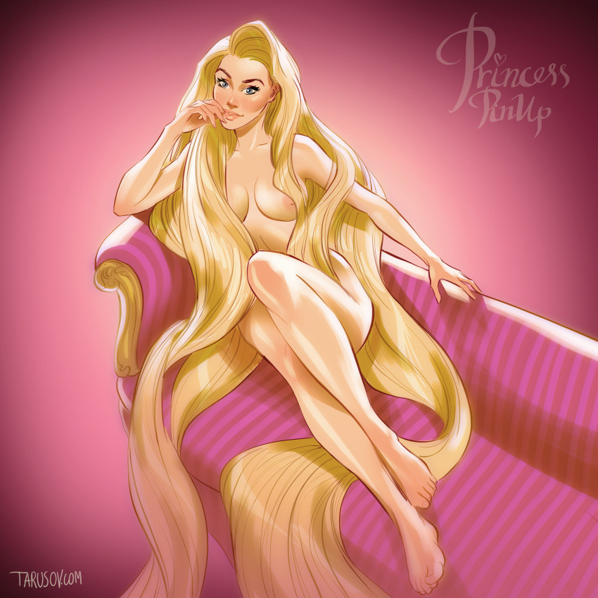 1_girl 1girl artist_name bare_shoulders barefoot belly blonde blonde_hair blue_eyes breasts disney english_text female female_human female_only high_resolution hips human legs lips long_hair looking_at_viewer medium_breasts nipples nude pink_background potential_duplicate princess rapunzel signature simple_background sitting solo tangled tarusov_(artist) text thighs topless very_high_resolution very_long_hair