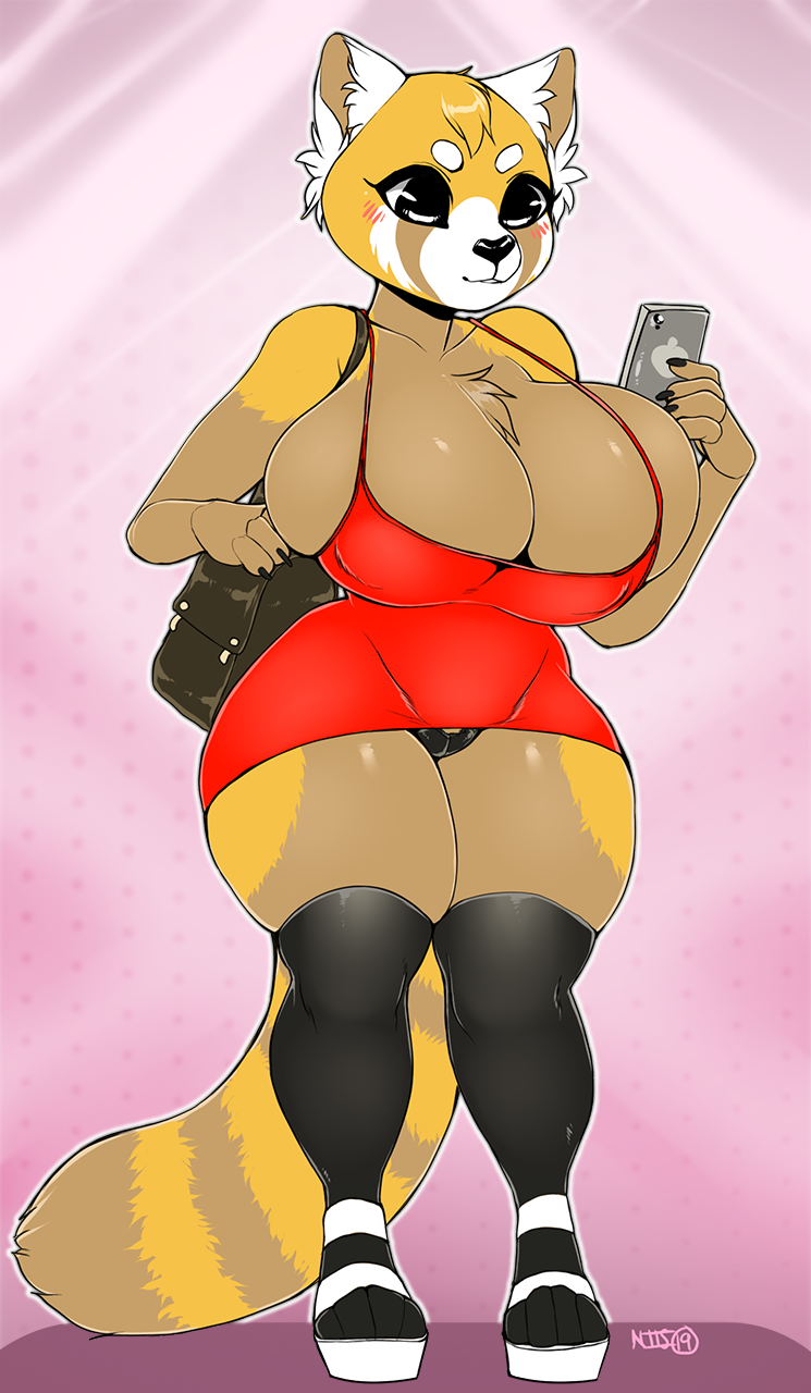 1girl 1girl 2019 aggressive_retsuko ailurid anthro big_breasts blush breasts cellphone cleavage cleavage_overflow clothed clothing digital_media_(artwork) dress footwear furry high_res holding_object holding_phone huge_breasts legwear mammal niis nipple_outline phone purse red_panda retsuko sanrio signature thick_thighs