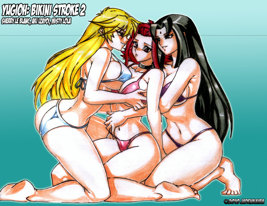 3_girls bikini breasts female_only izayoi_aki jadenkaiba misty_lola sherry_leblanc yu-gi-oh! yu-gi-oh!_5d's yuri
