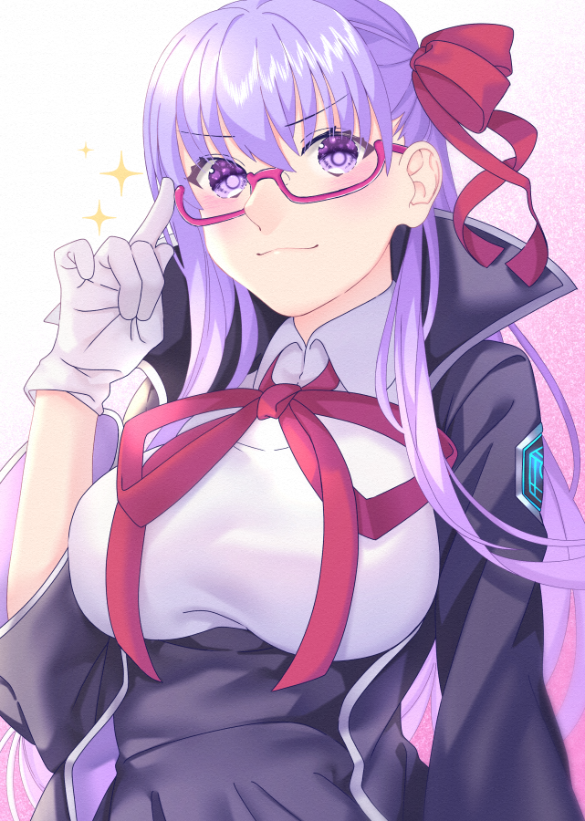 1girl adjusting_glasses bb_(fate) bespectacled black_jacket blush breasts fate/extra fate/grand_order fate_(series) glasses gloves hair_ribbon jacket large_breasts long_hair looking_at_viewer purple_eyes purple_hair red-framed_glasses red_ribbon ribbon semi-rimless_glasses under-rim_glasses white_gloves