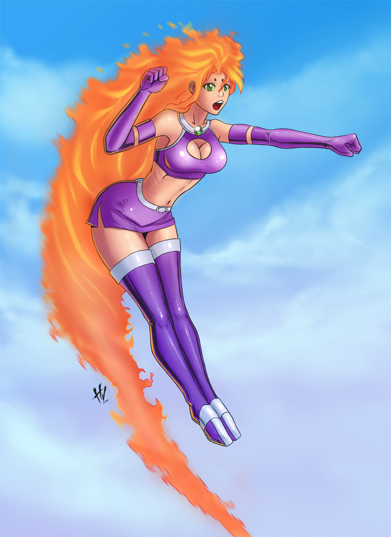 1girl big_breasts breasts cleavage_cutout dc_comics female_only fire green_eyes hvond koriand'r orange_skin solo solo_female starfire teen_titans