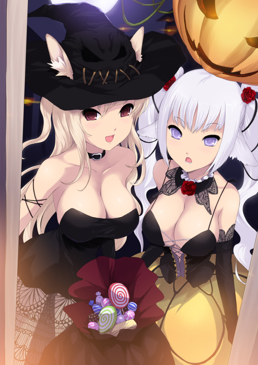 2_girls 2girls animal_ears bare_shoulders big_breasts blonde_hair breasts cait cait_aron candy cleavage halloween hat highres huge_breasts jack-o'-lantern long_hair multiple_girls original pumpkin red_eyes silver_hair silver_hat twin_tails witch_hat