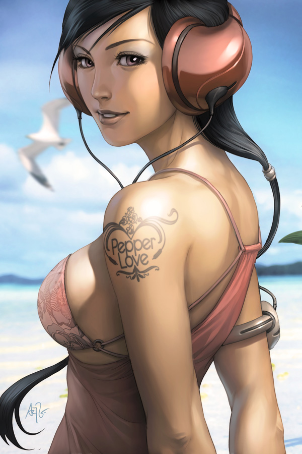 arms_behind_back bare_shoulders beach bikini bird black_hair brown_eyes female from_behind headphones long_hair looking_back original pepper_project realistic seagull seagulls shoulders signature solo stanley_lau swimsuit tattoo