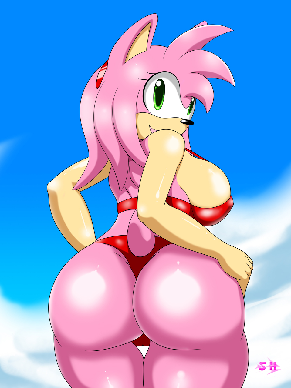1girl amy_rose anthro ass big_breasts bikini breasts bubble_butt female_only green_eyes hairband hedgehog looking_back pink_hair sega shiny shiny_skin short_hair smile solo_female sonic_*(series) sonic_the_hedgehog_(series) speeds