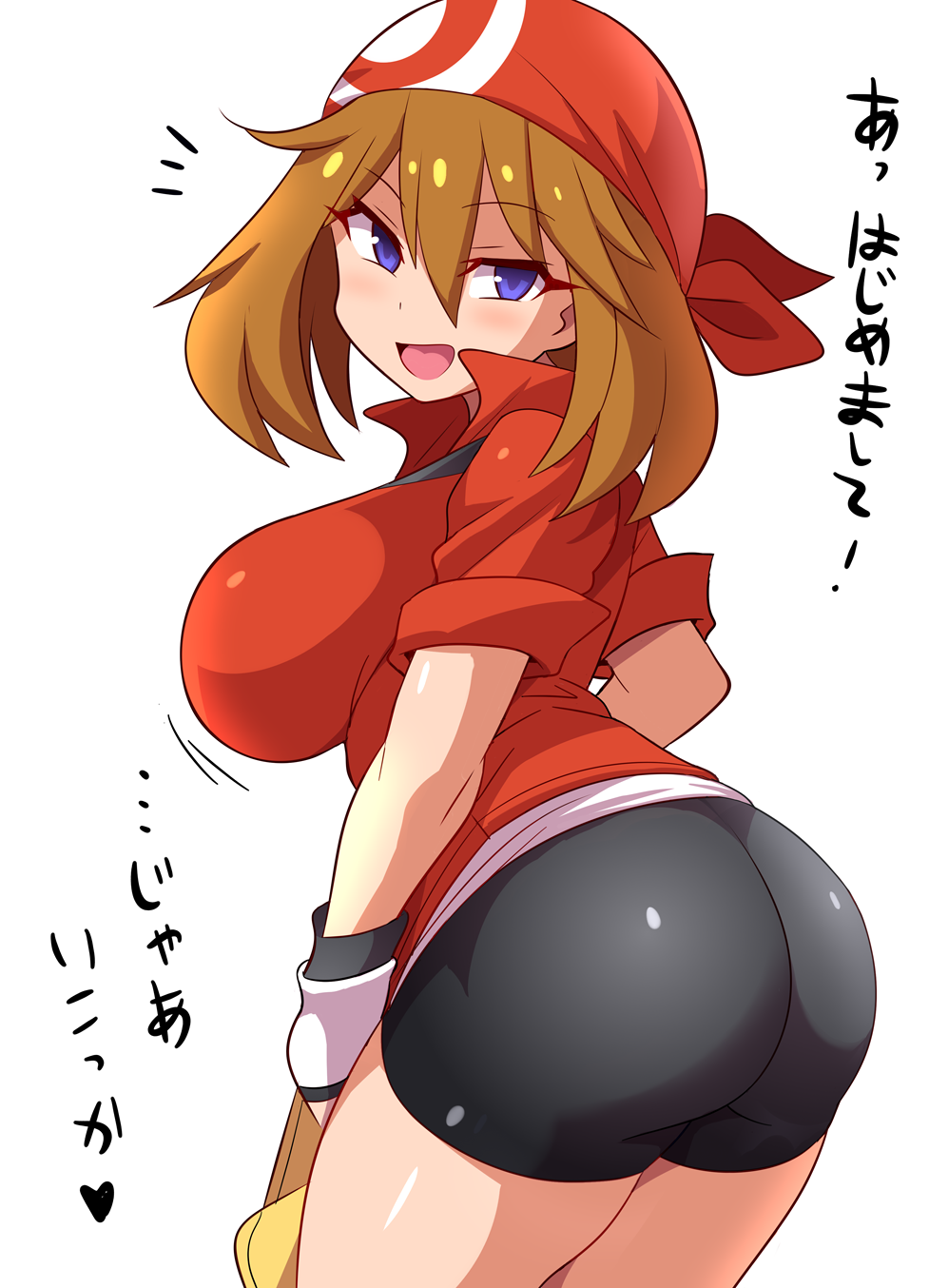 1girl aged_up ass bandanna bangs big_ass bike_shorts blue_eyes breasts brown_hair clothed female female_only gloves haruka_(pokemon) huge_breasts konno_tohiro large_breasts leaning_forward looking_at_viewer looking_back may may_(pokemon) nintendo open_mouth pokemon shiny_clothes shirt shorts sideboob smile solo thighs