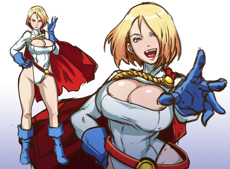 1girl ass belt beltskirt big_breasts blonde_hair blue_eyes blue_gloves blue_shoes boots breasts butcha-u cape cleavage cleavage_cutout crop_top curves cutout dc dc_comics eroquis female gloves hair hand_on_hip justice_league kryptonian large_breasts leotard lips lipstick milf open_mouth power_girl red_cape shoes short_hair smile solo