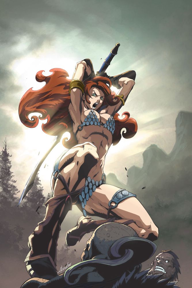 alvin_lee angry armpits badass breasts lips muscle o-ring open_mouth rage red_sonja red_sonja_(comics) sword teeth warrior weapon