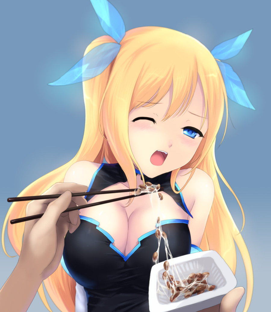 1girl aizawa_hikaru bare_shoulders big_breasts blonde_hair blue_background blue_eyes blush breasts cait chopsticks cleavage detached_sleeves feeding hair_ornament hands large_breasts long_hair microsoft nattou one_eye_closed open_mouth os os-tan pov_feeding shirt silverlight simple_background solo taut_clothes taut_shirt wince wink