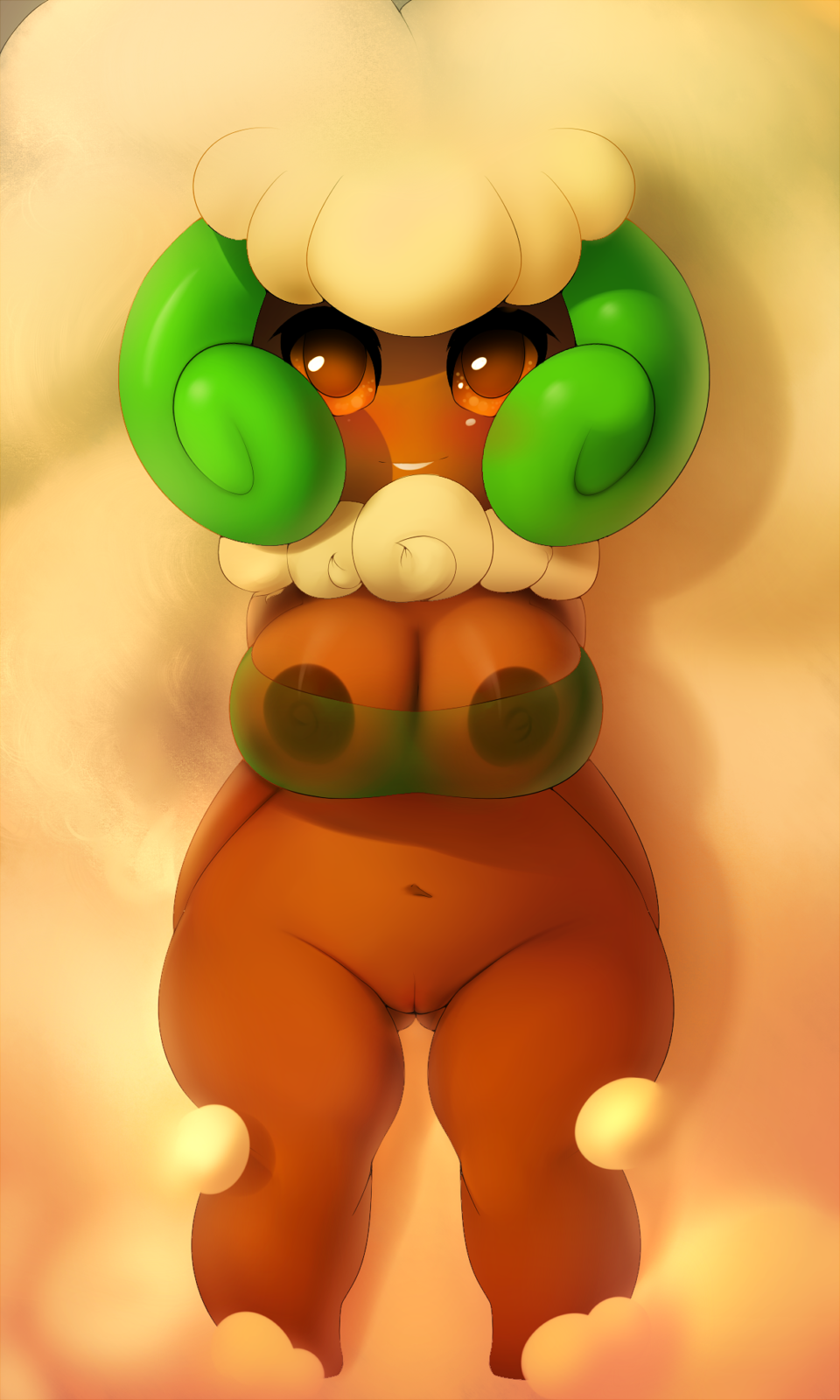 areola blush breasts brown_eyes cleavage dark_skin female female_only highres large_breasts long_hair mystical navel nintendo nipples plantpenetrator pokemon pussy smile smirk solo standing two-tone_hair very_long_hair whimsicott white_hair