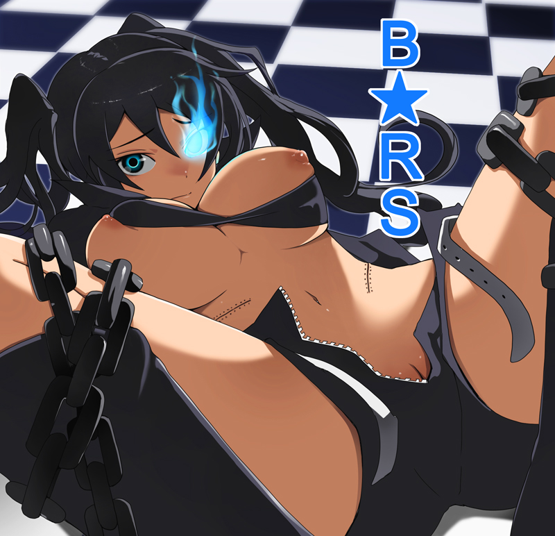 1girl bad_id bdsm bikini_top black_hair black_rock_shooter black_rock_shooter_(character) blue_eyes bondage bound breasts chain chains clitoris_slip glowing glowing_eyes hot_pants hotpants kosame_daizu large_breasts long_hair lying nipples no_panties on_back open_clothes open_fly open_shorts pussy pussy_peek scar short_shorts shorts solo spread_legs stitches twin_tails twintails uncensored unzipped vocaloid
