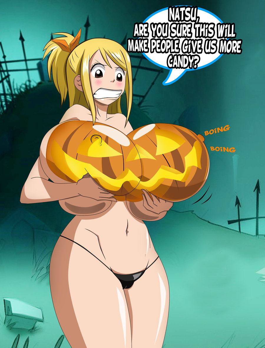 1girl bare_shoulders belly big_breasts blonde blonde_hair blush bodypaint breasts brown_eyes cameltoe chest clenched_teeth dialogue english_text eyebrows eyelashes fairy_tail gigantic_breasts grass grave graves graveyard grimphantom hair hair_tie halloween hands hands_on_breasts holding_breasts huge_breasts jack-o'-lantern legs long_hair looking_at_breasts lucy_heartfilia massive_breasts navel night nipples partial_nudity ponytail pumpkin_breasts shoulders solo teeth text thighs thong throat topless