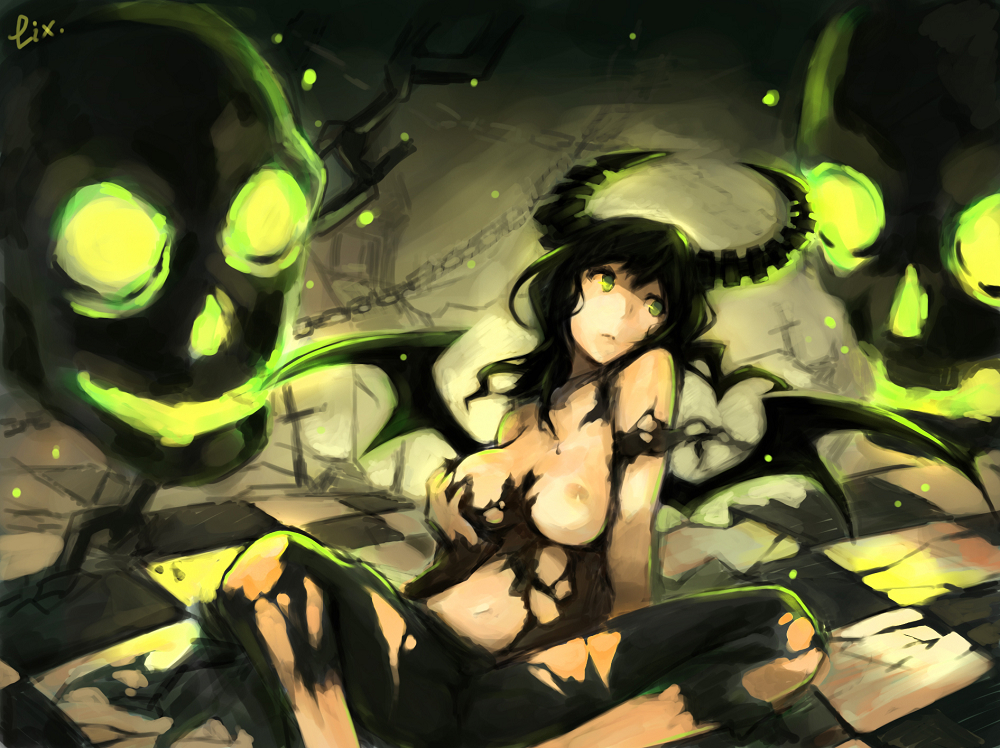 1girl bad_id black_hair black_rock_shooter breast_grab breasts chain chains dead_master grabbing green_eyes horns long_hair navel nipples self_fondle sitting skull solo torn_clothes wings zhuxiao517